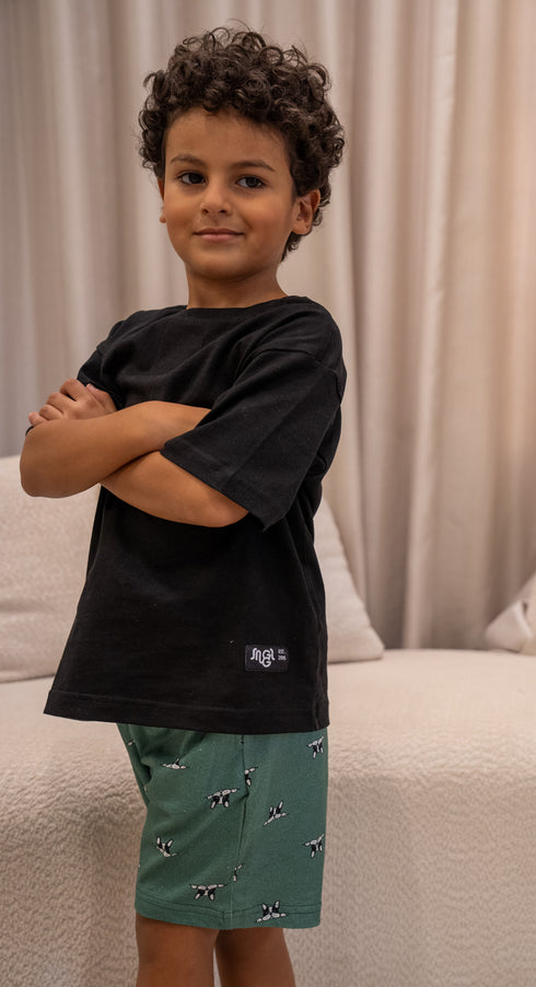 Boys summer pajama set Black t-shirt + Green Dog shorts